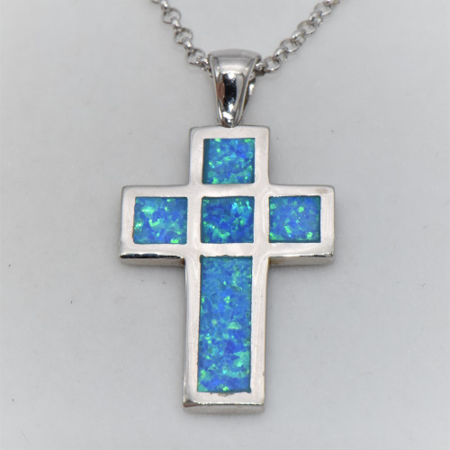 Silver Pendant with Blue Opal (cross)  hand made traditional Greek jewellery M5257