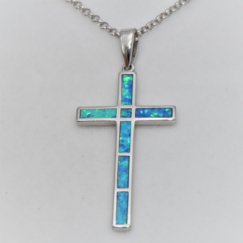 Silver Pendant with Blue Opal (cross)  hand made traditional Greek jewellery M5259