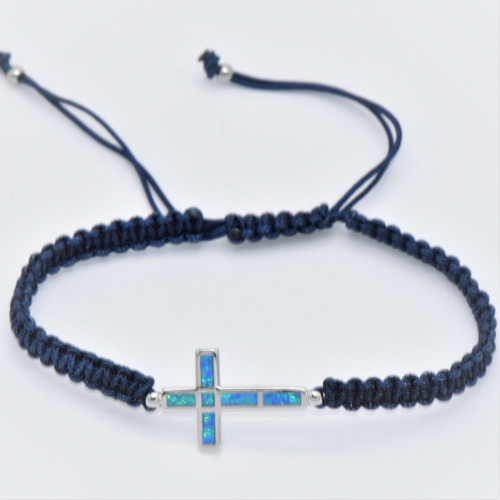 Silver Bracelet Macrame with Blue Opal (Cross) Hand made traditional Greek jewellery