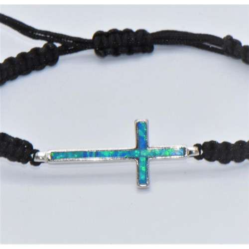 Silver Bracelet Macrame with Blue Opal (Cross) Hand made traditional Greek jewellery B5656