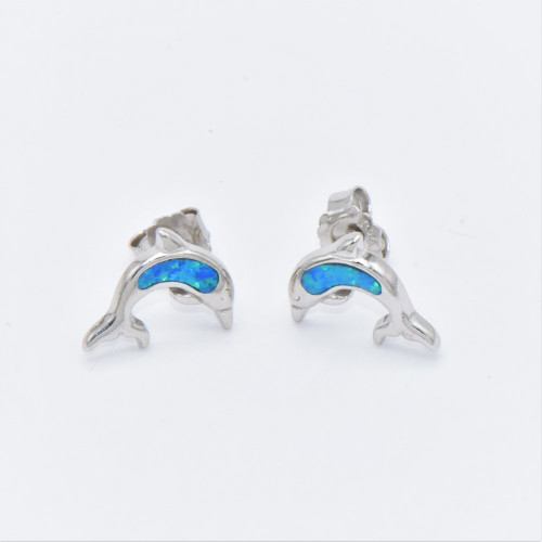 Silver Earrings Dolphins with Blue Opal Hand made traditional Greek jewellery S5672