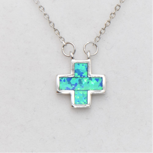 Silver necklace with Blue Opal (cross)  hand made traditional Greek jewellery
