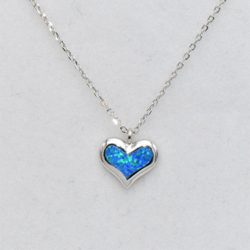 Silver Necklace with Blue Opal (Heart) Hand made traditional Greek jewellery