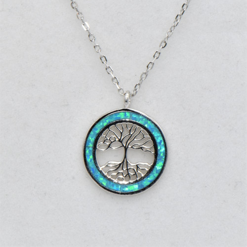Silver necklace with Blue Opal (big tree of life)  hand made traditional Greek jewellery
