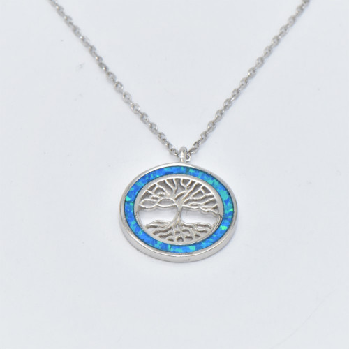 Silver necklace with Blue Opal (big tree of life)  hand made traditional Greek jewellery