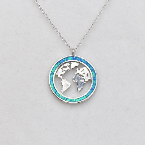 Silver necklace with Blue Opal (big world map)  hand made traditional Greek jewellery