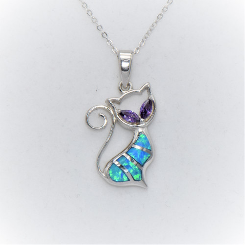 Silver Pendant with Blue Opal (Cat) Hand made traditional Greek jewellery