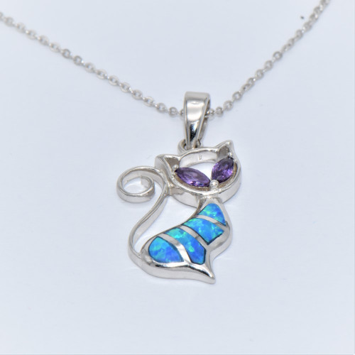 Silver Pendant with Blue Opal (Cat) Hand made traditional Greek jewellery