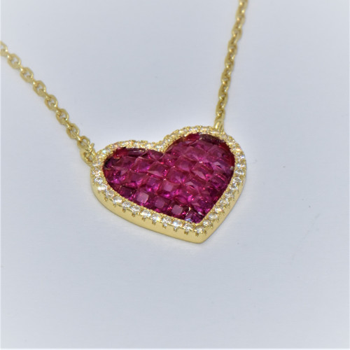 Hand made gold plated silver necklace (heart) with red Zirconia
