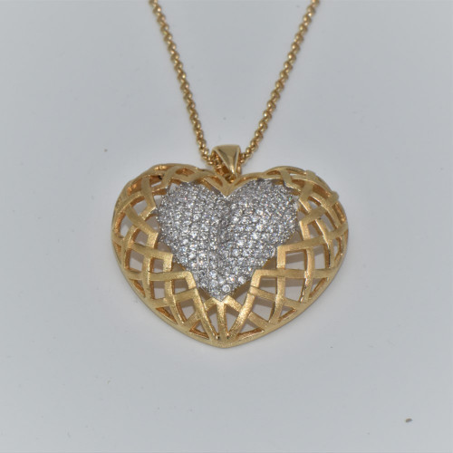  Silver necklace. heart . yellow gold plated  with zirconia