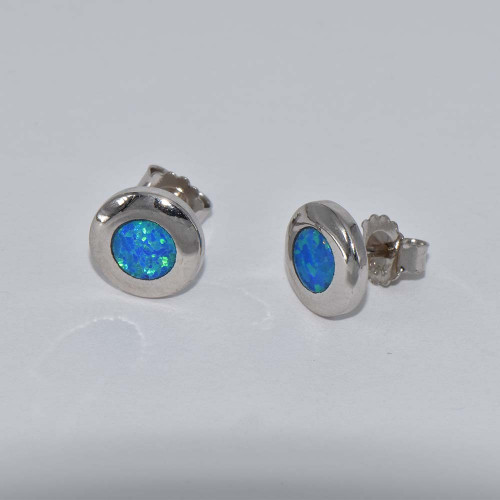 Round Silver Earrings with Blue Opal hand made traditional Greek jewellery
