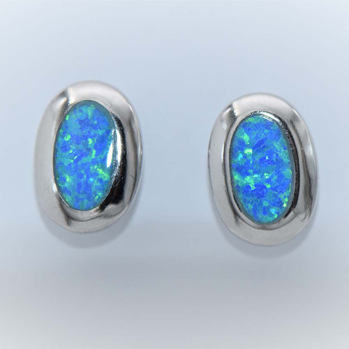 Oval Silver Earrings with Blue Opal hand made traditional Greek jewellery