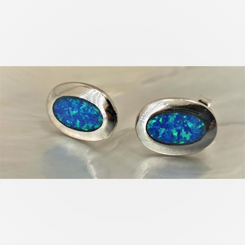 Oval Silver Earrings with Blue Opal hand made traditional Greek jewellery