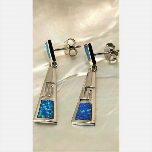 Hanging Silver Earrings with Blue Opal (meander)  hand made traditional Greek jewellery