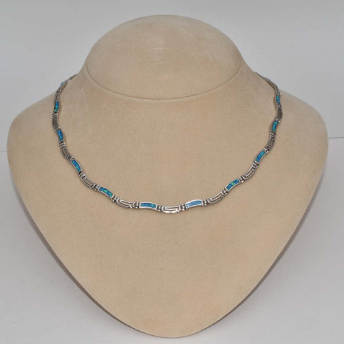 Silver necklace with Blue Opal (meander)  hand made traditional Greek jewellery  K5621