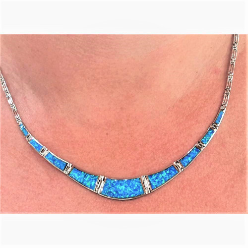 Silver necklace with Blue Opal (meander)  hand made traditional Greek jewellery  K5629