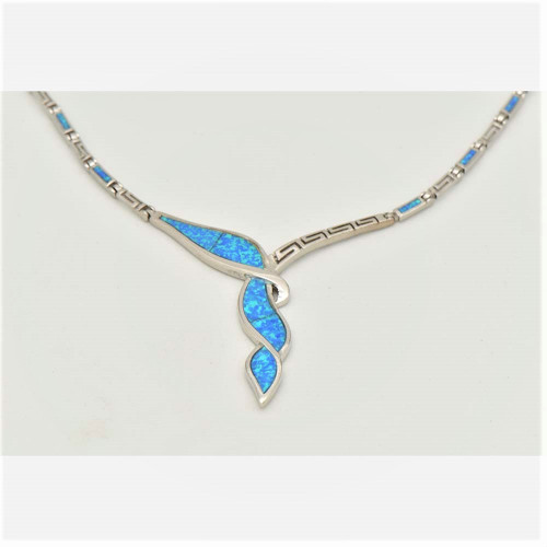 Silver necklace with Blue Opal (meander)  hand made traditional Greek jewellery  K5640