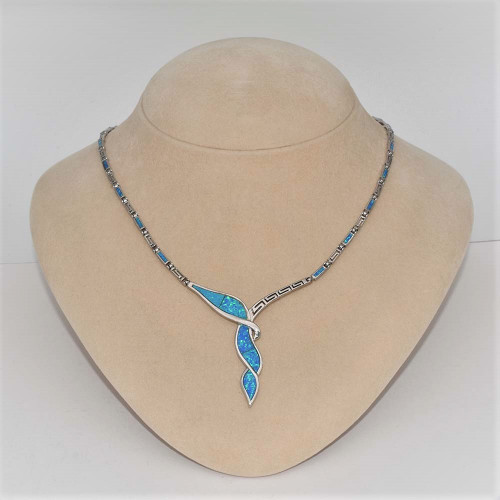 Silver necklace with Blue Opal (meander)  hand made traditional Greek jewellery  K5640