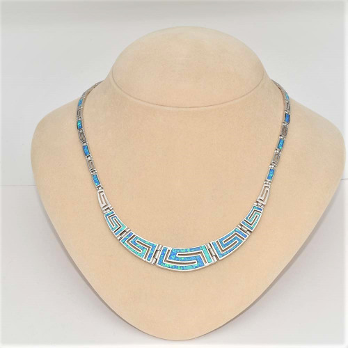 Large Silver necklace with Blue Opal (meander)  hand made traditional Greek jewellery K5710
