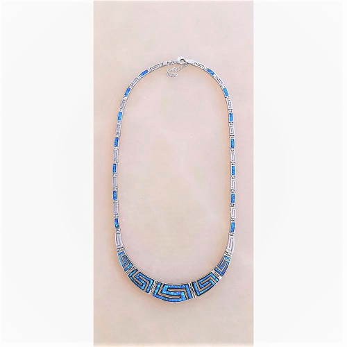 Large Silver necklace with Blue Opal (meander)  hand made traditional Greek jewellery K5710