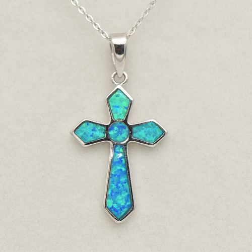 Silver Pendant with Blue Opal (cross)  hand made traditional Greek jewellery M5263