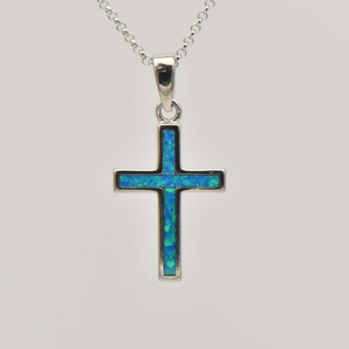 Silver Pendant with Blue Opal (cross)  hand made traditional Greek jewellery M5265