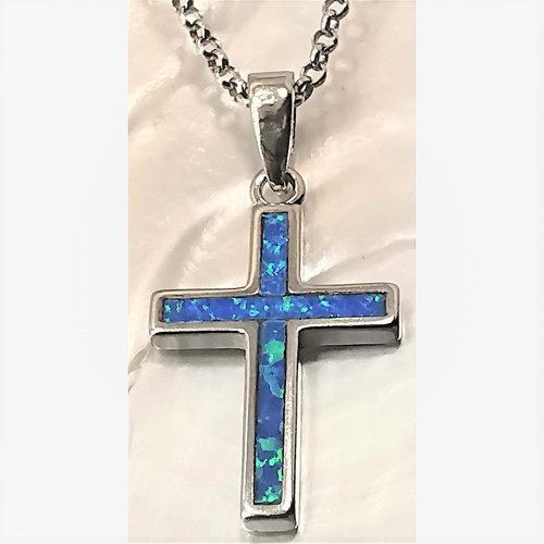 Silver Pendant with Blue Opal (cross)  hand made traditional Greek jewellery M5265