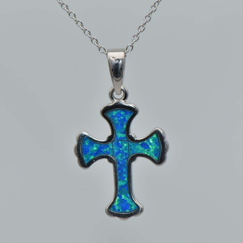 Silver Pendant with Blue Opal (cross)  hand made traditional Greek jewellery  M5383