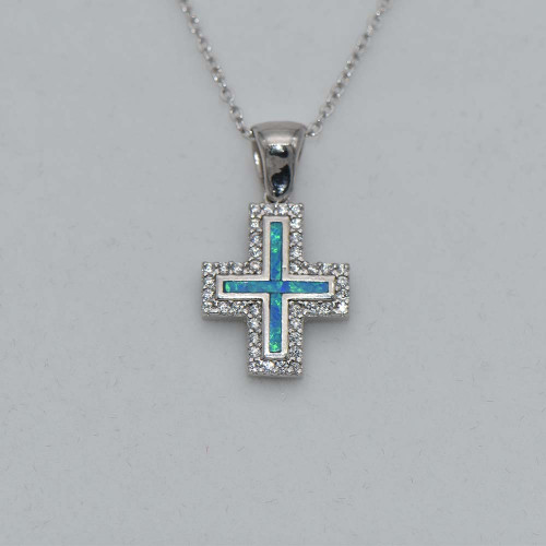 Silver Pendant with Blue Opal (cross)  hand made traditional Greek jewellery  M5506