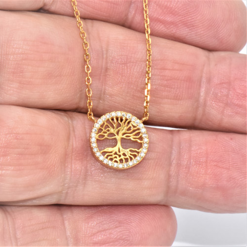 Hand made gold plated silver Necklace with Zirconia (Tree of life)